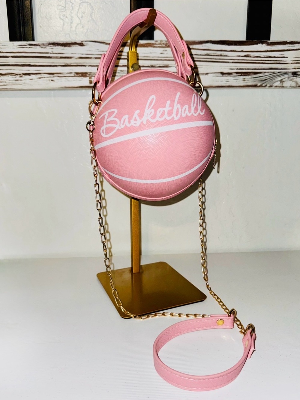 NEW Pink Faux Leather Basketball Crossbody Bag w Double Handle Drop & Gold Chain - Picture 10 of 16